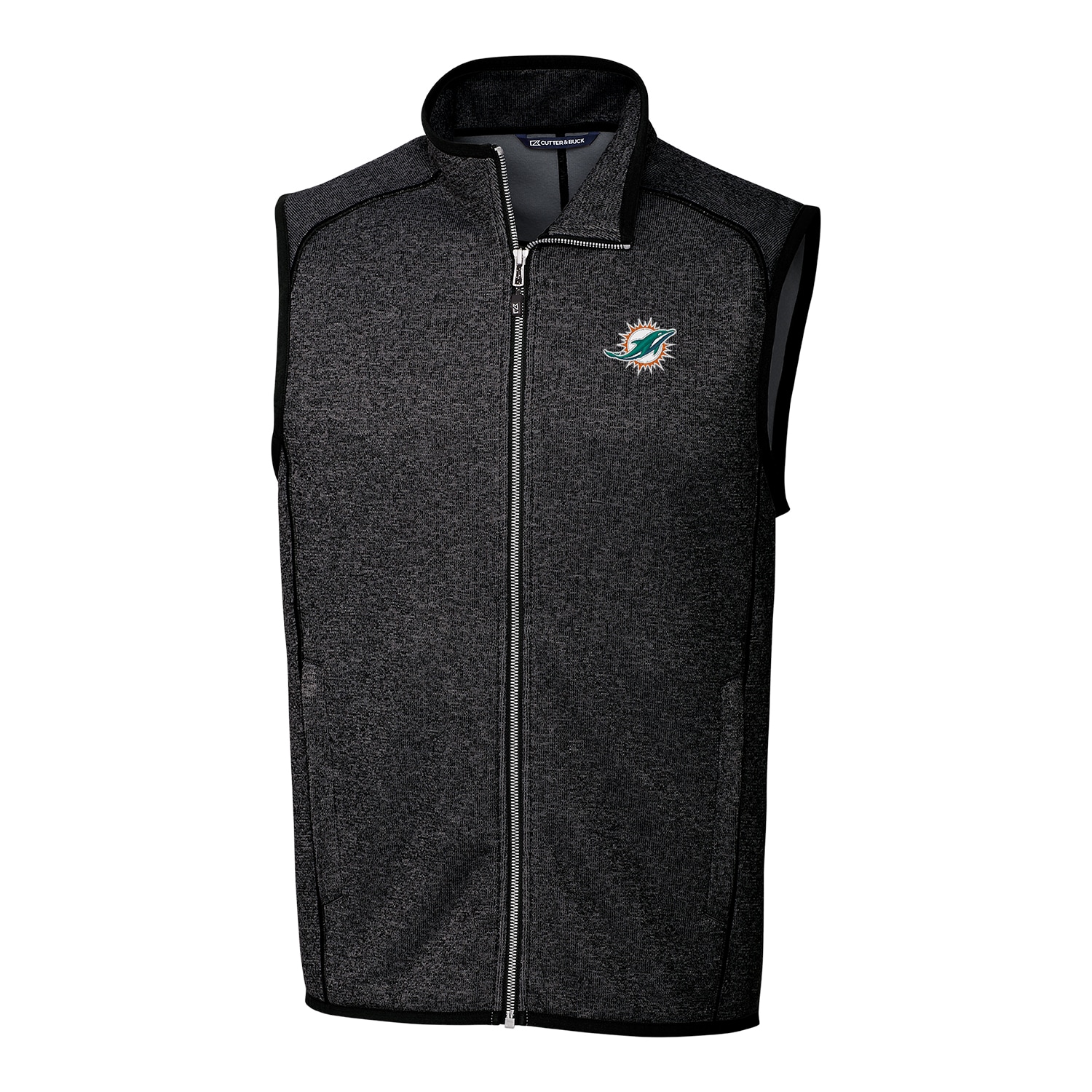 Men's Cutter & Buck Heather Charcoal Miami Dolphins Mainsail Sweater Knit Fleece Full-Zip Vest