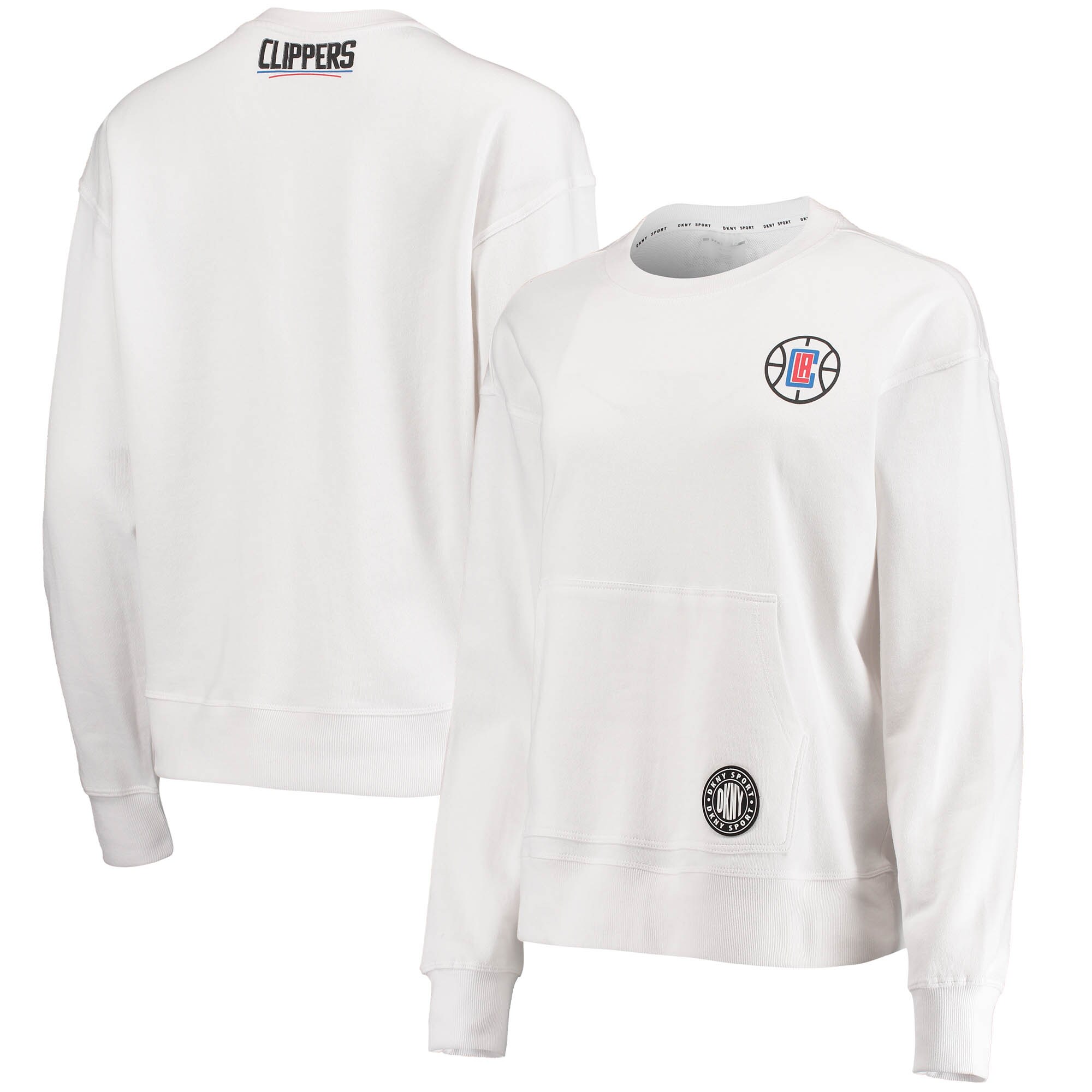 Women's DKNY Sport White LA Clippers Camila Crew Pullover Sweatshirt