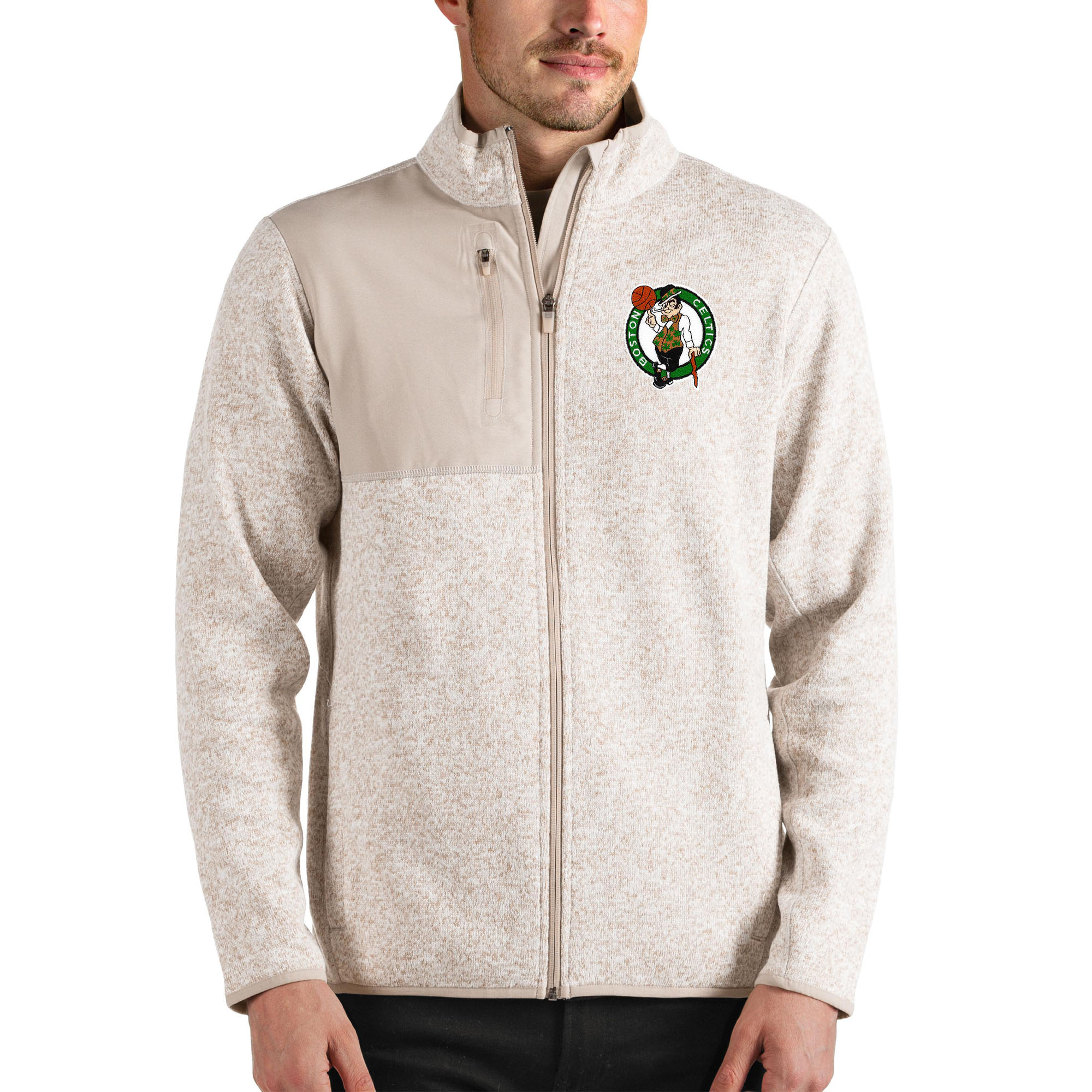 Men's Antigua Oatmeal Boston Celtics Fortune Full-Zip Jacket
