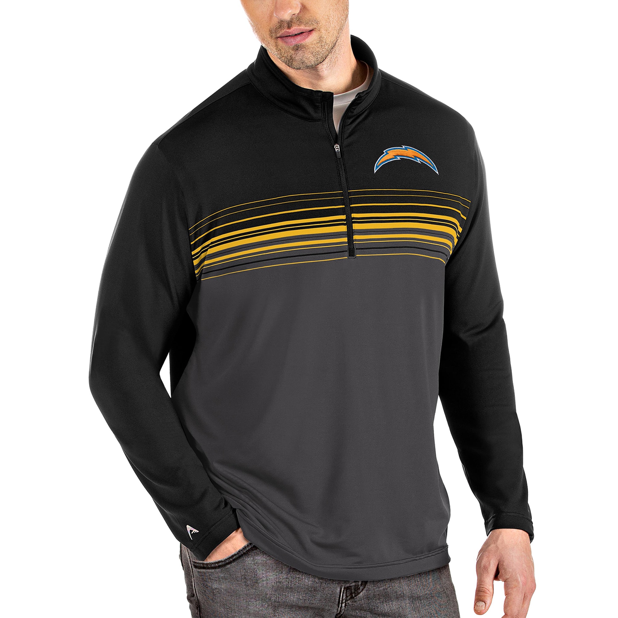 Men's Antigua Black/Gold Los Angeles Chargers Pace Quarter-Zip Pullover Jacket