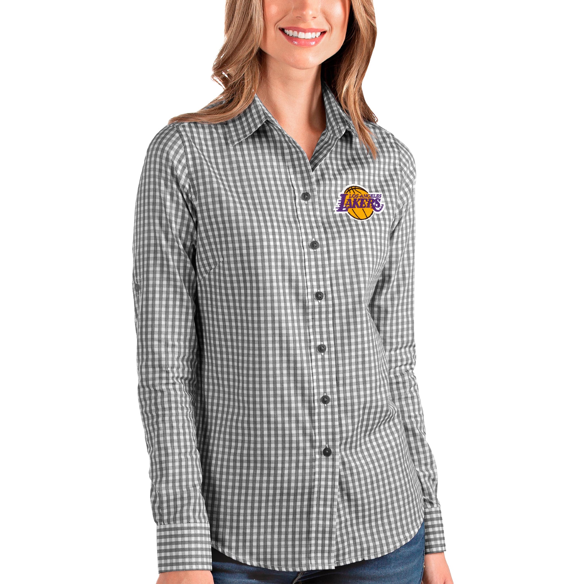 Women's Antigua Black/White Los Angeles Lakers Structure Button-Up Long Sleeve Shirt