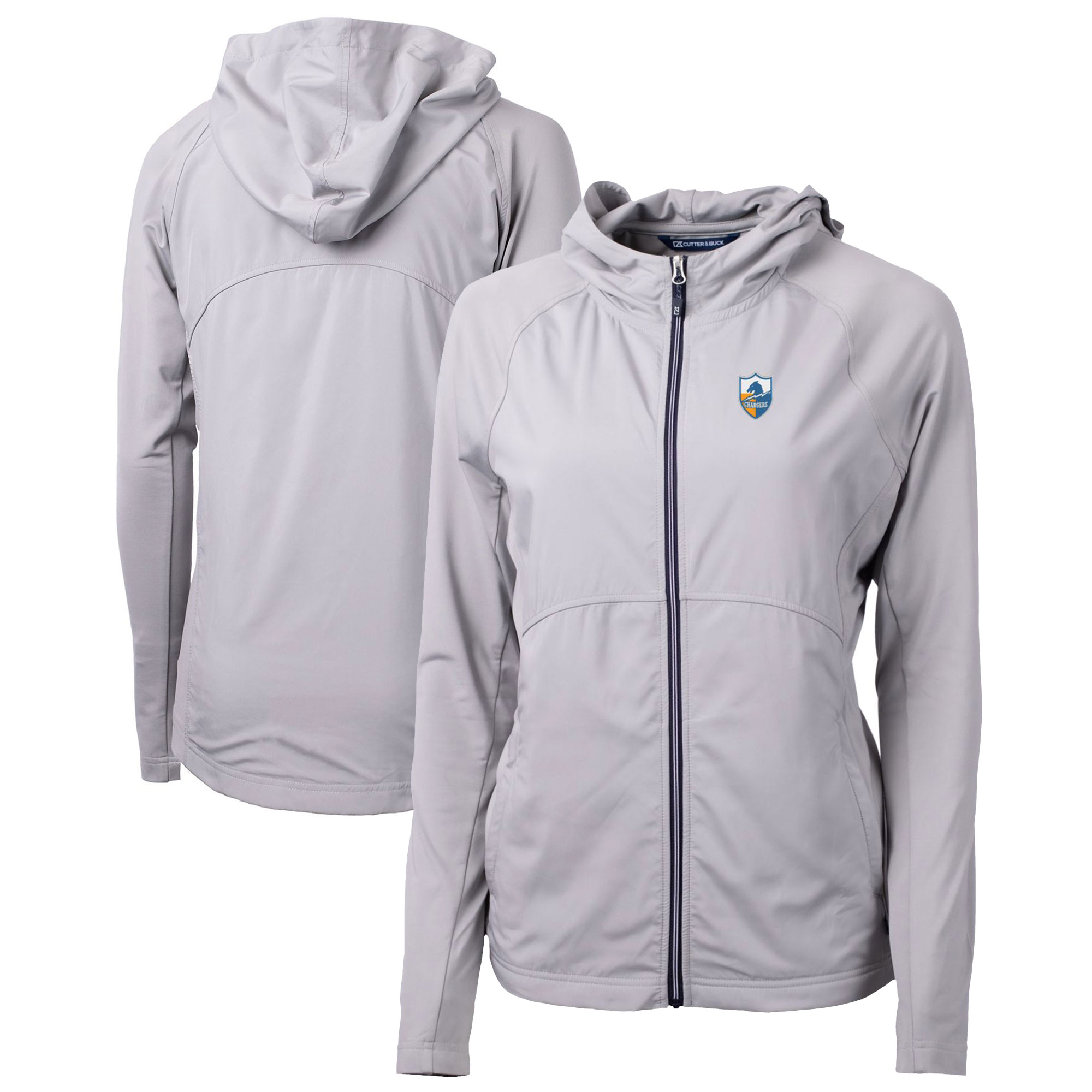 Women's Cutter & Buck Gray Los Angeles Chargers Throwback Logo Adapt Eco Knit Hybrid Recycled Full-Zip Hoodie