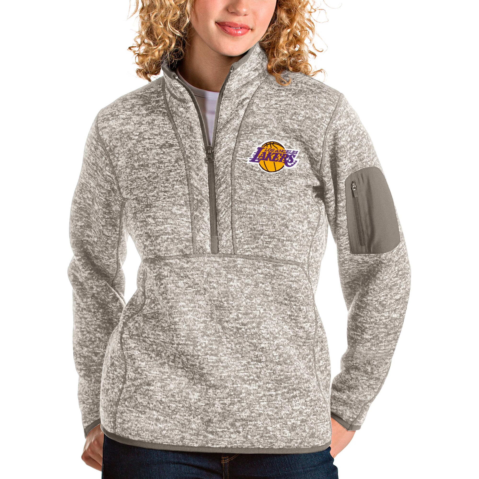 Women's Antigua Natural Los Angeles Lakers Fortune Quarter-Zip Pullover Jacket