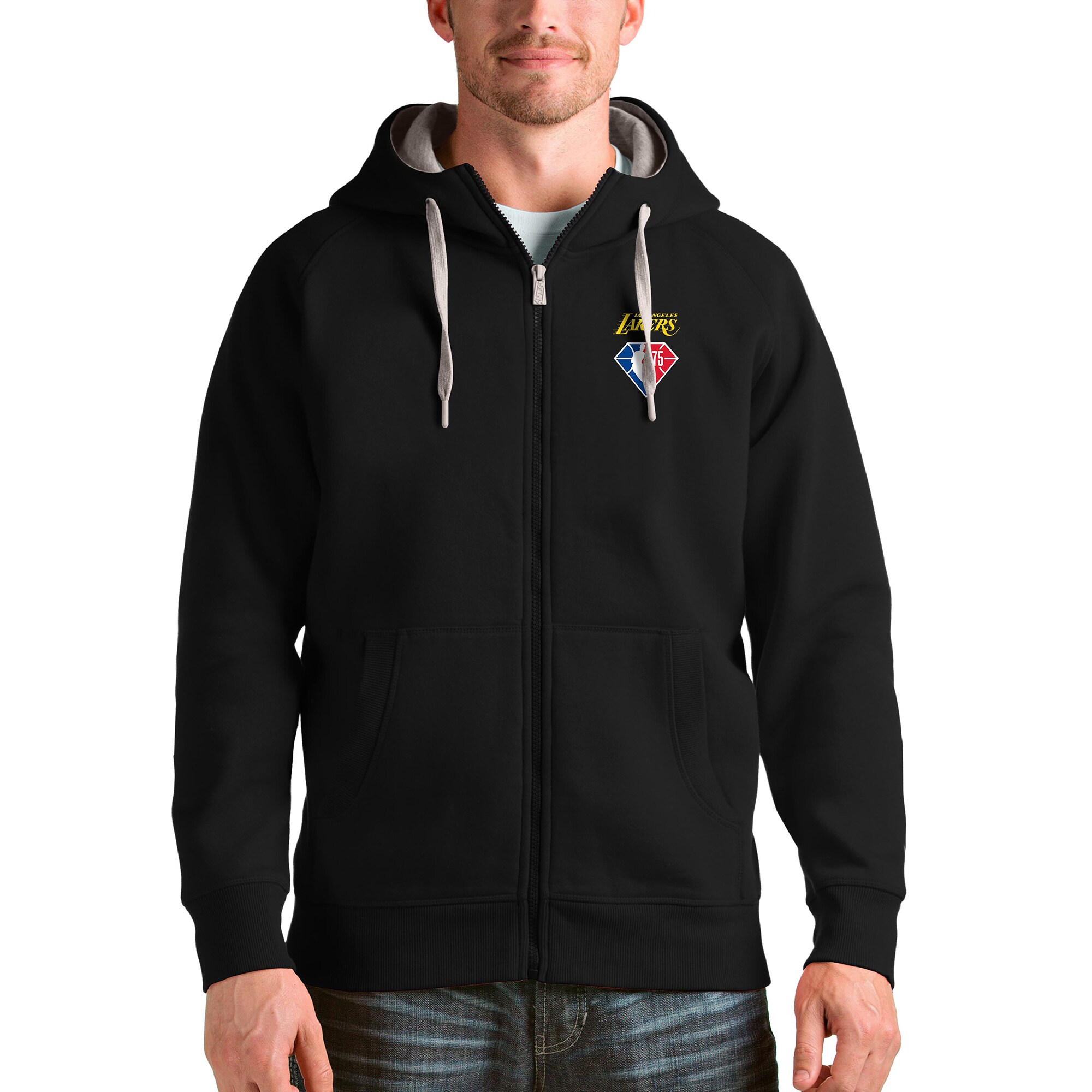 Men's Antigua Black Los Angeles Lakers NBA 75th Anniversary Victory Full-Zip Hoodie