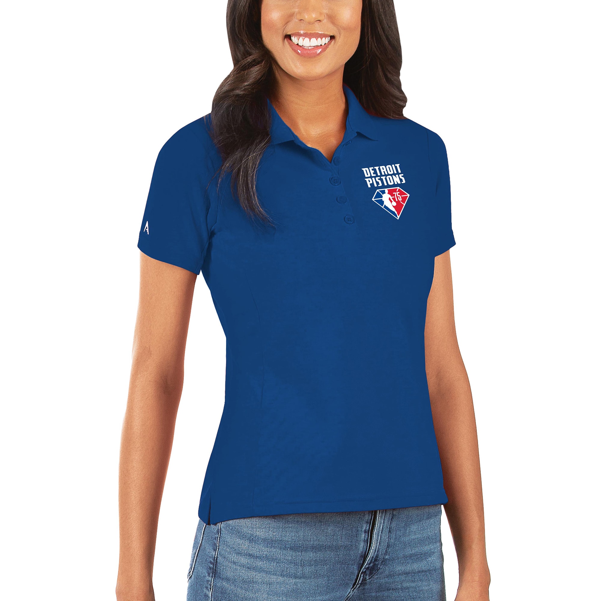 Women's Antigua Royal Detroit Pistons NBA 75th Anniversary Legacy Pique Polo