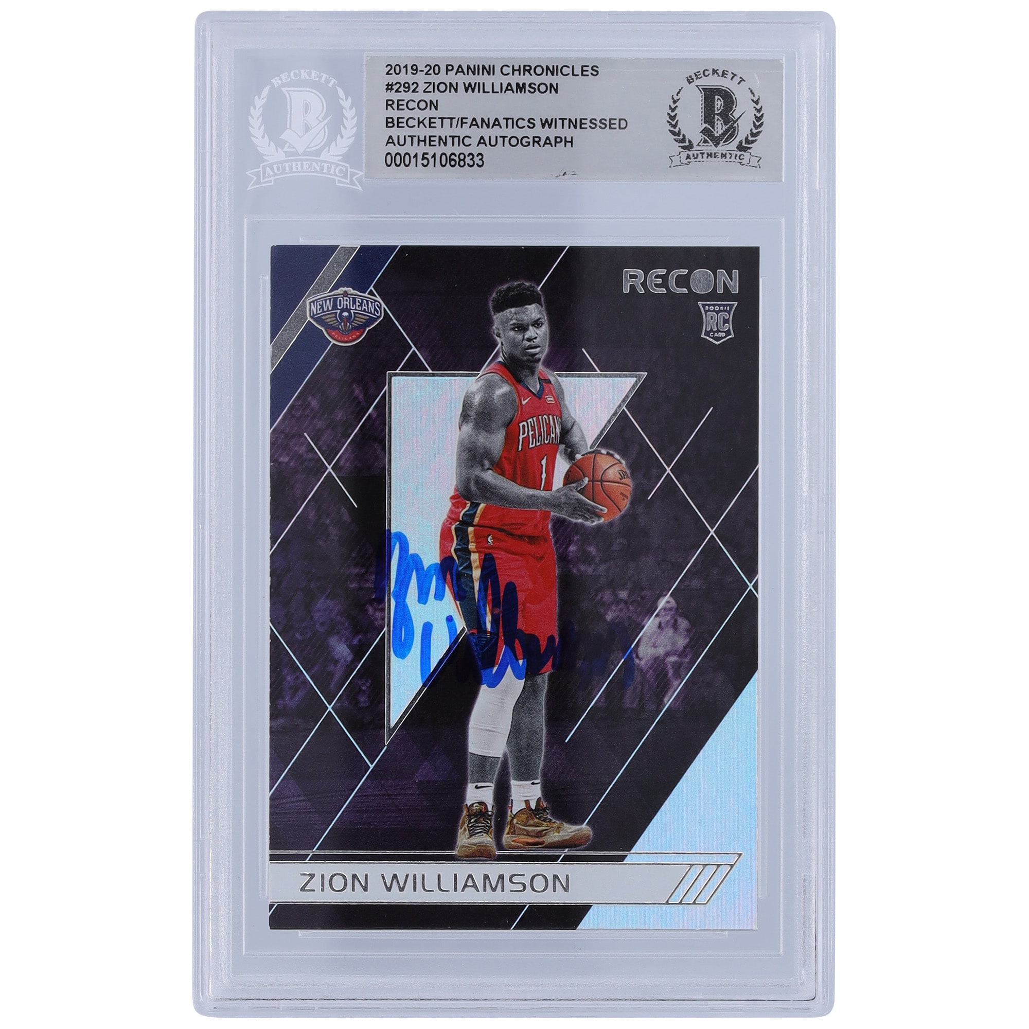 Zion Williamson New Orleans Pelicans Autographed 2019-20 Panini Chronicles Recon #292 Beckett Fanatics Witnessed Authenticated Rookie Card