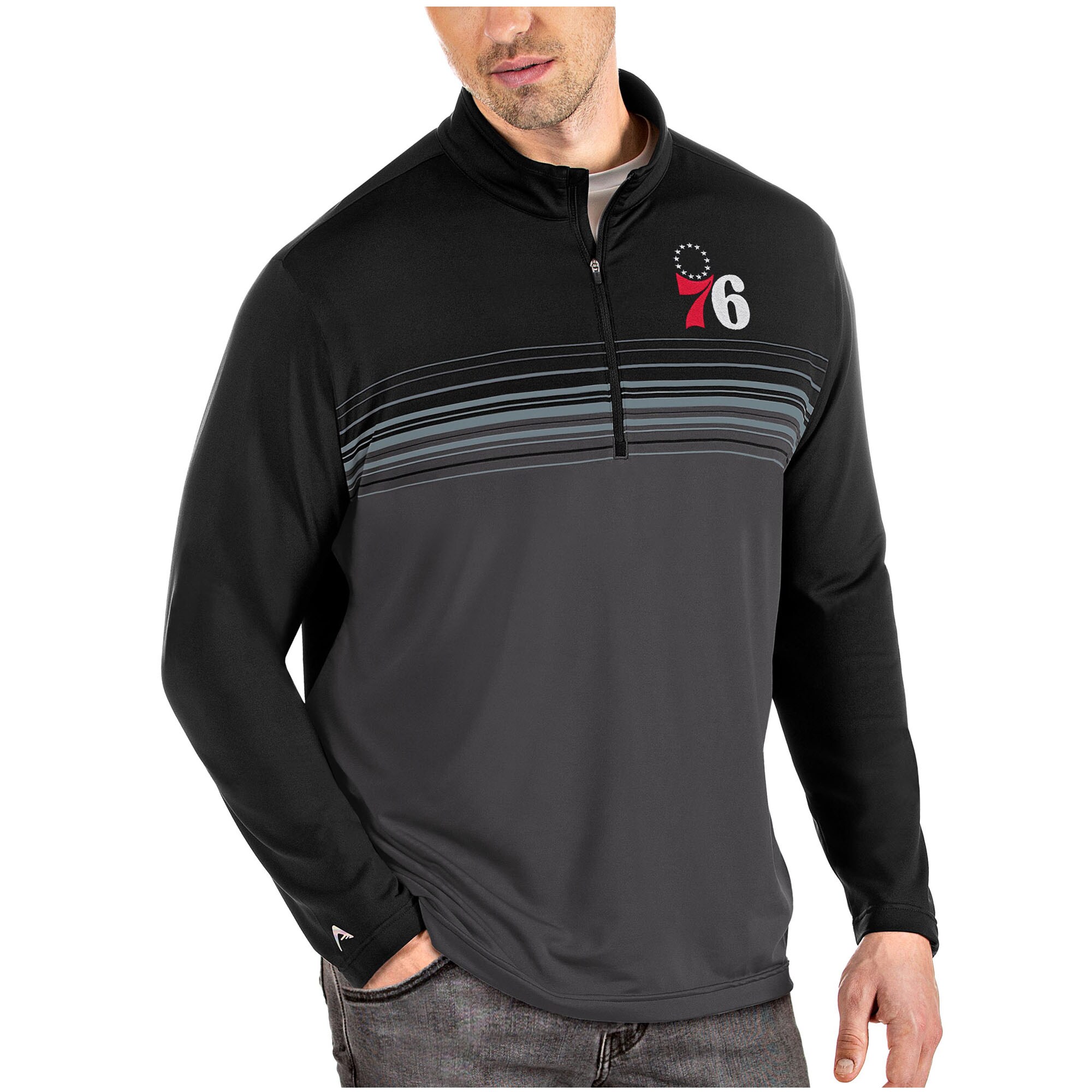 Men's Antigua Black/Gray Philadelphia 76ers Pace Quarter-Zip Pullover Jacket