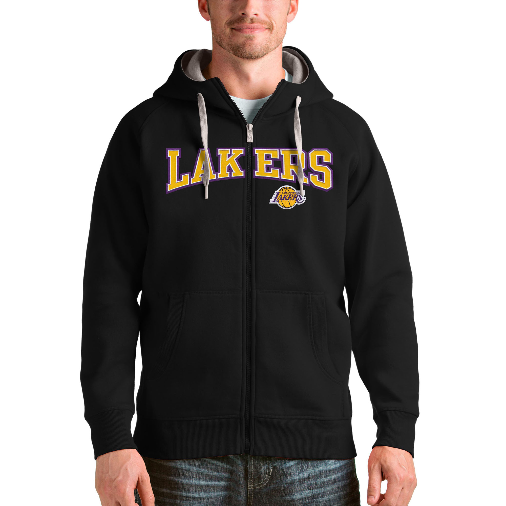 Men's Antigua Black Los Angeles Lakers Team Victory Full-Zip Hoodie