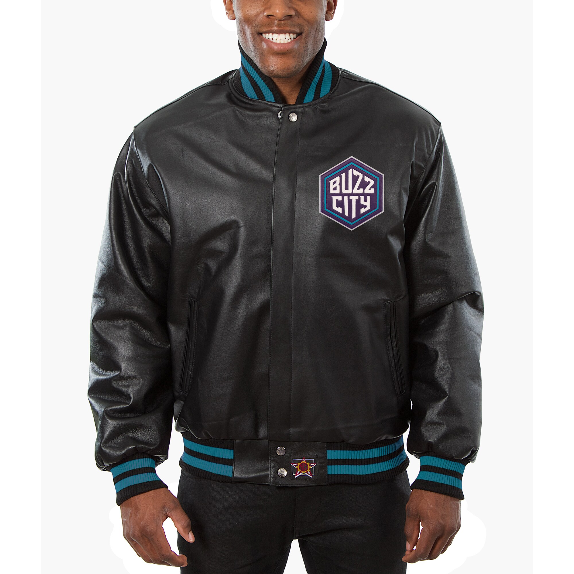 Men's JH Design Black Charlotte Hornets Big & Tall All-Leather Logo Full-Snap Jacket