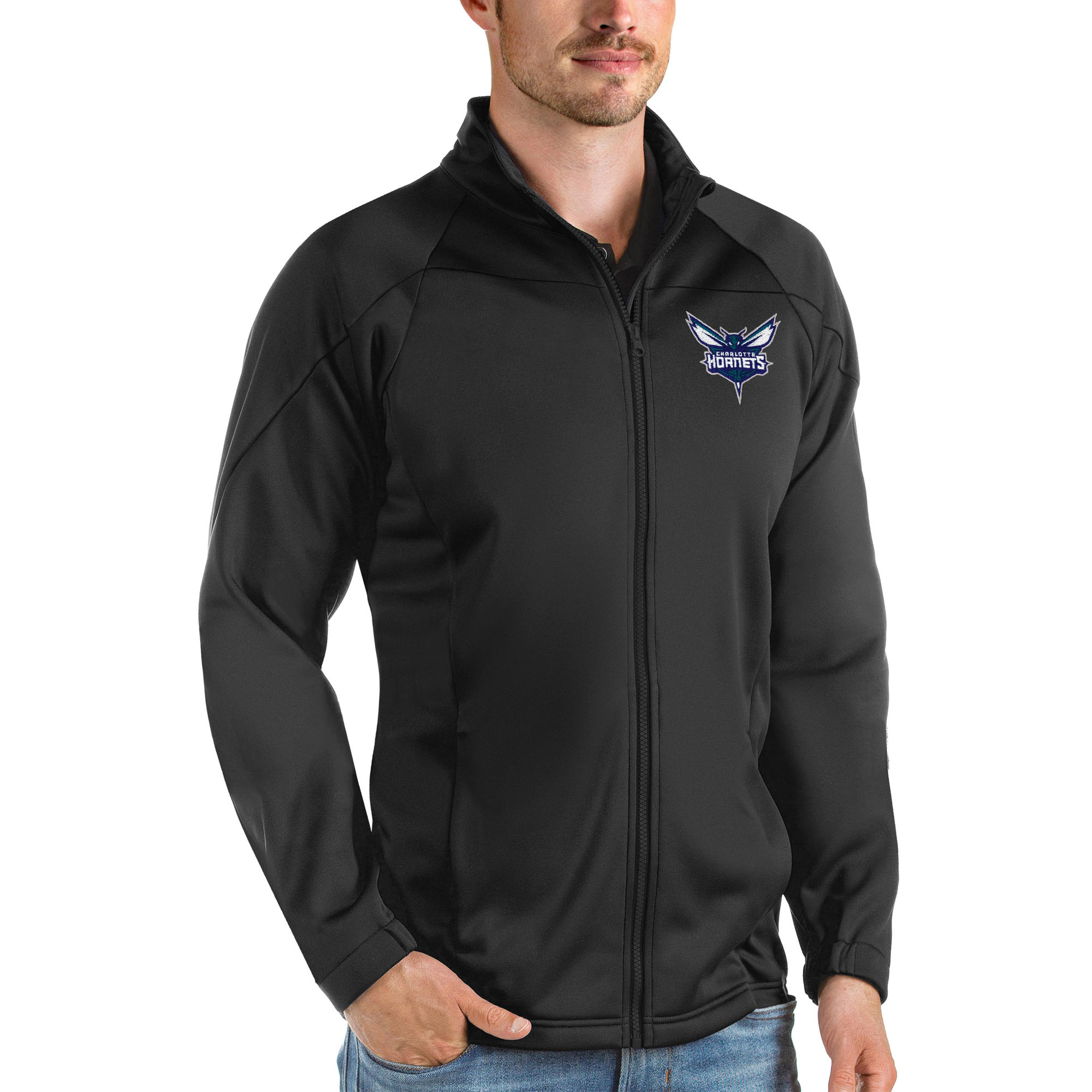 Men's Antigua Black Charlotte Hornets Links Full-Zip Golf Jacket