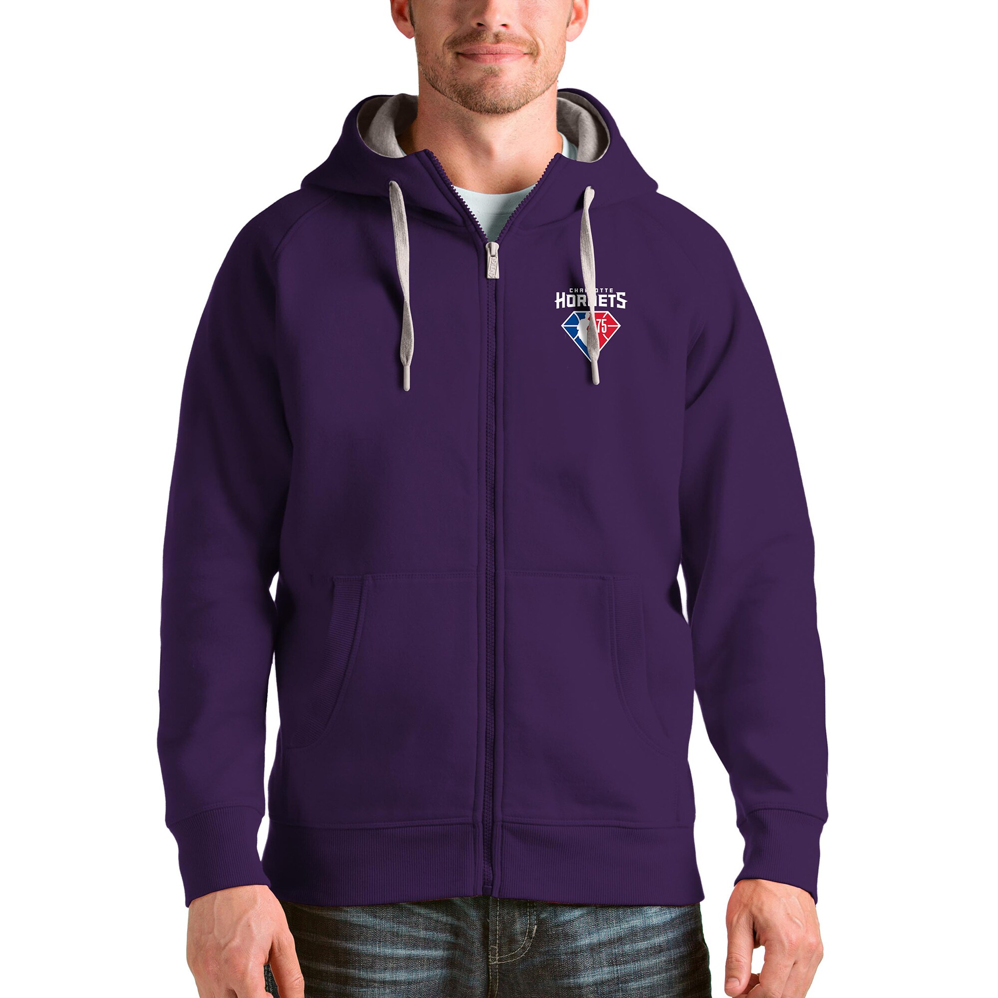 Men's Antigua Purple Charlotte Hornets NBA 75th Anniversary Victory Full-Zip Hoodie