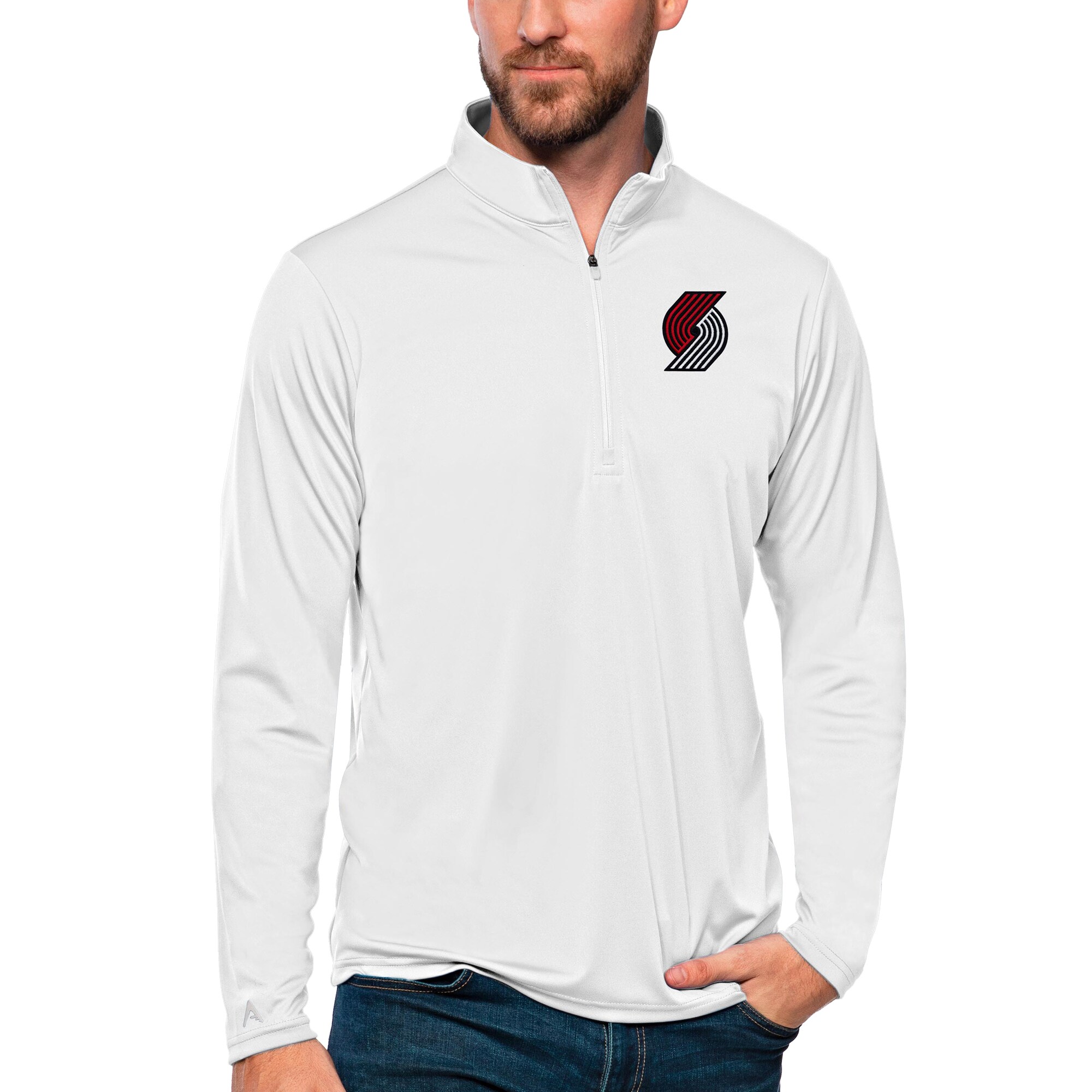 Men's Antigua White Portland Trail Blazers Tribute Quarter-Zip Pullover Top
