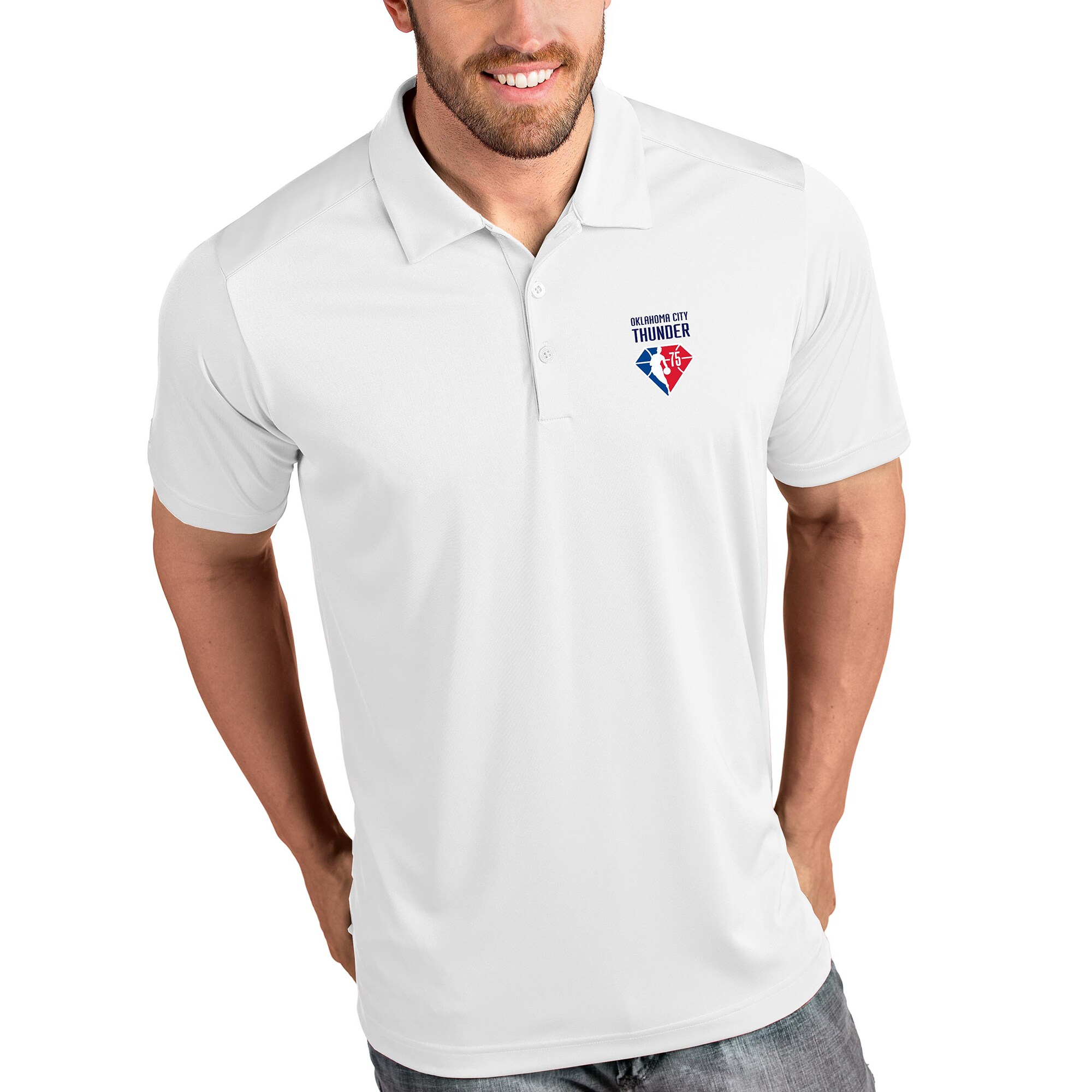 Men's Antigua White Oklahoma City Thunder NBA 75th Anniversary Tribute Polo