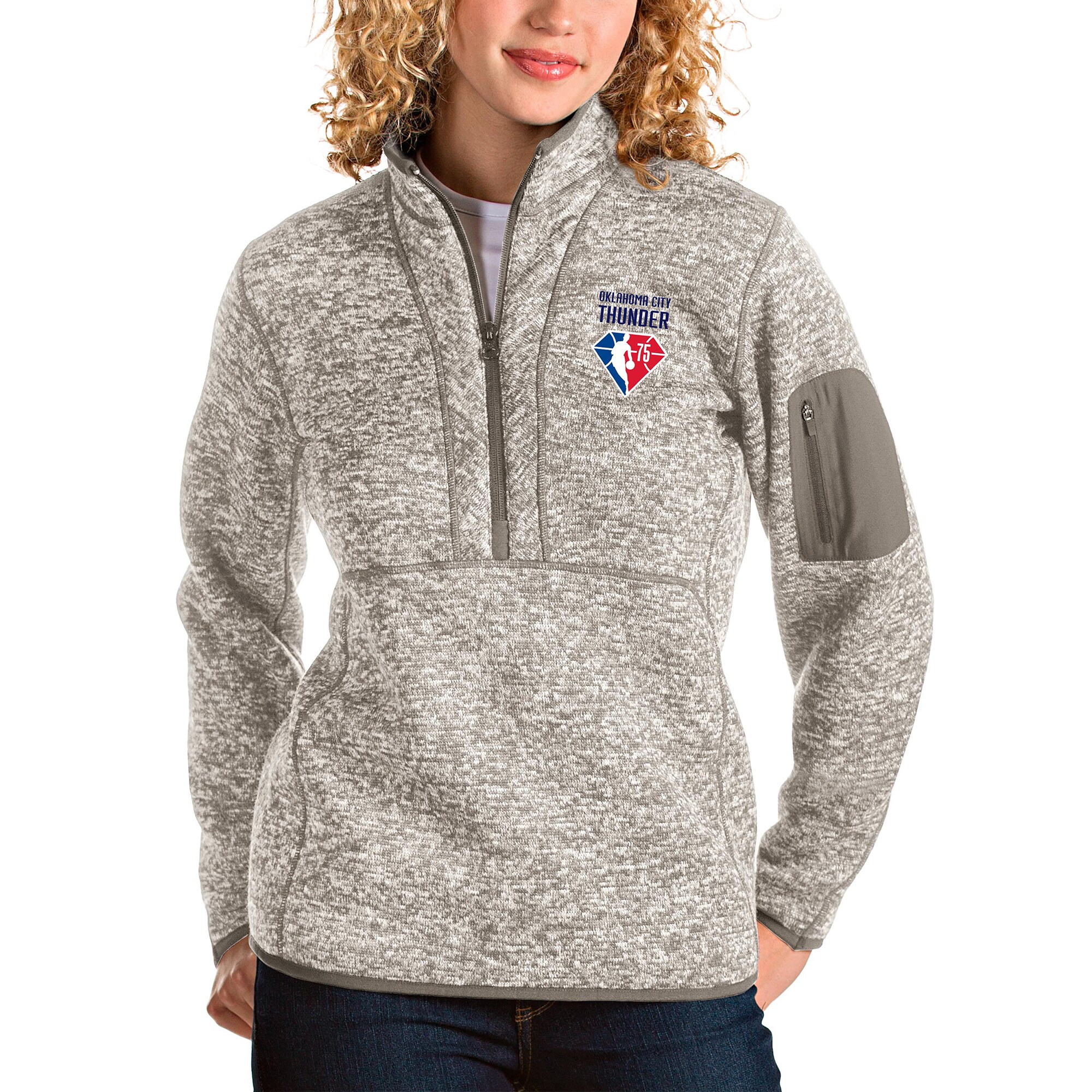 Women's Antigua Tan Oklahoma City Thunder NBA 75th Anniversary Fortune Quarter-Zip Pullover Jacket