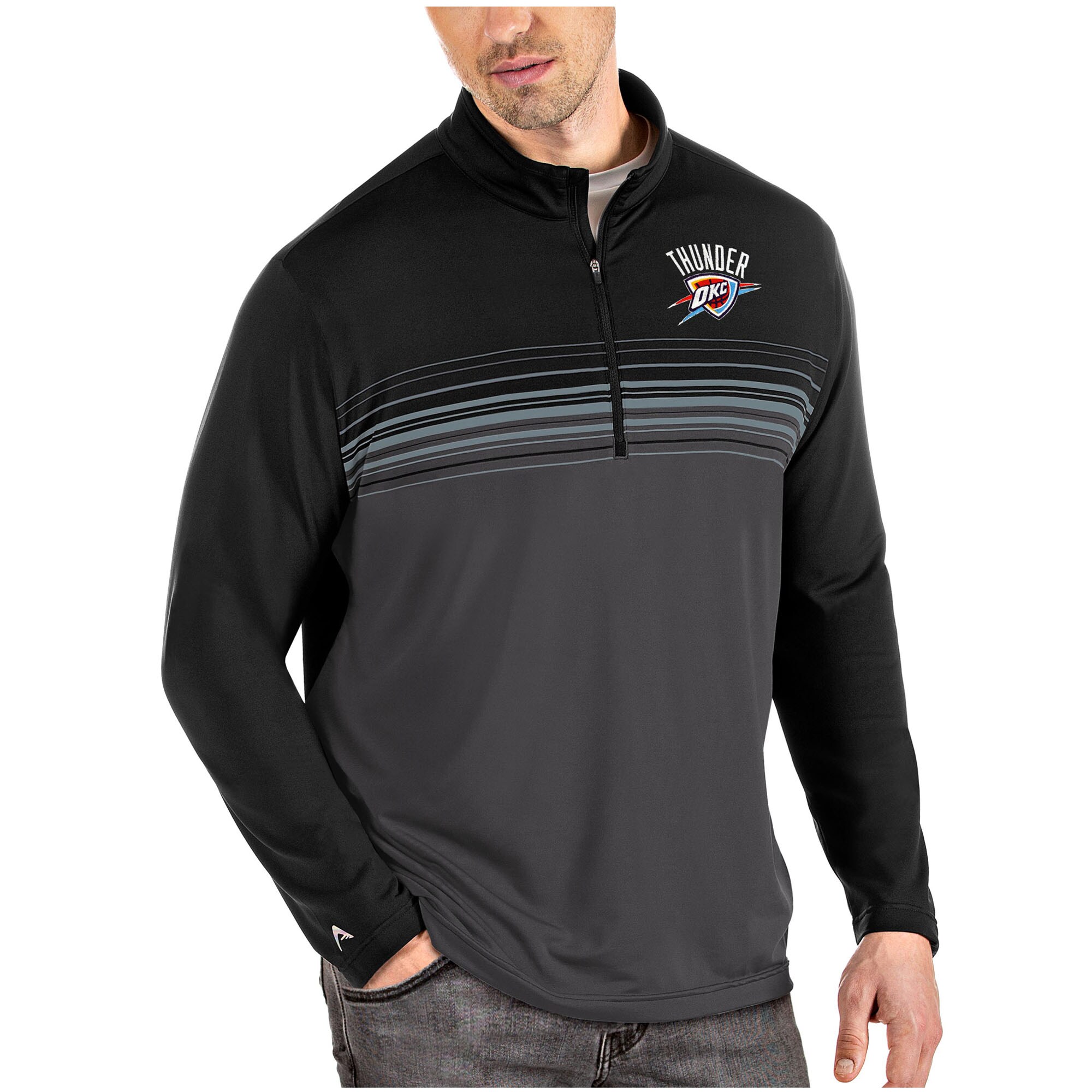 Men's Antigua Black/Gray Oklahoma City Thunder Pace Quarter-Zip Pullover Jacket