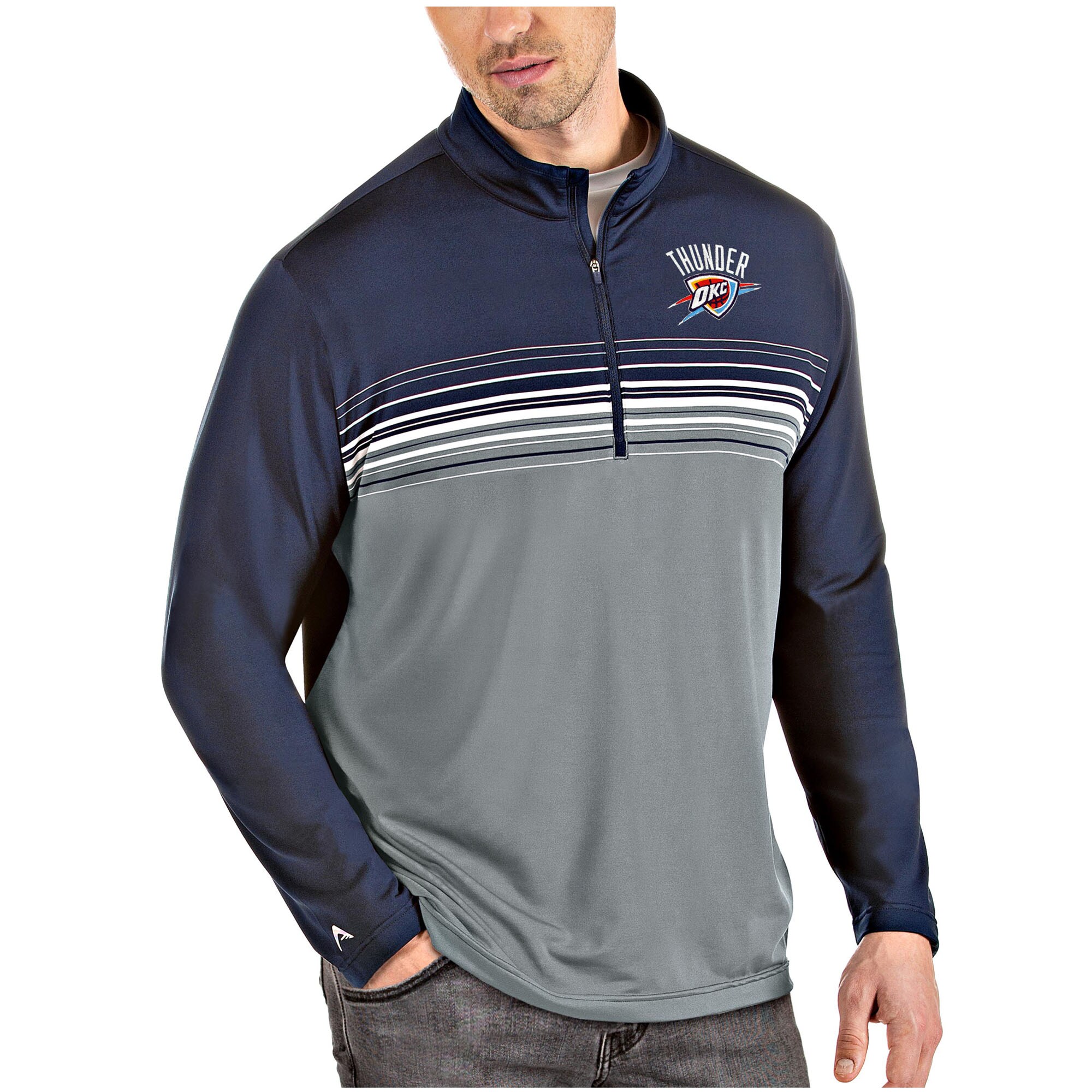 Men's Antigua Navy/Gray Oklahoma City Thunder Pace Quarter-Zip Pullover Jacket