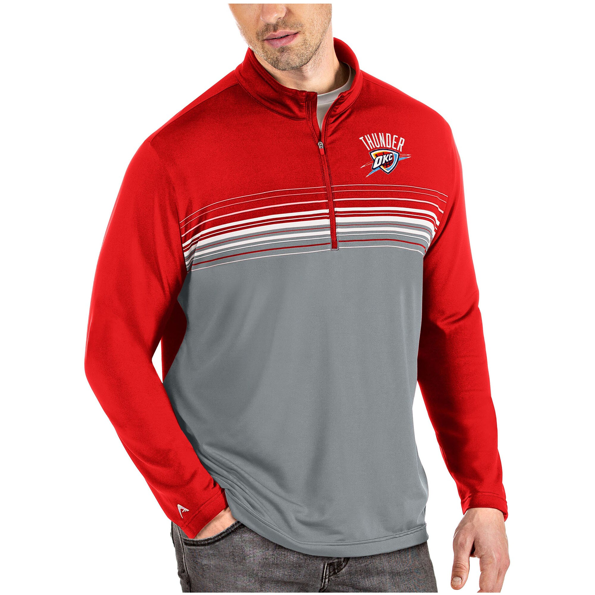Men's Antigua Red/Gray Oklahoma City Thunder Pace Quarter-Zip Pullover Jacket