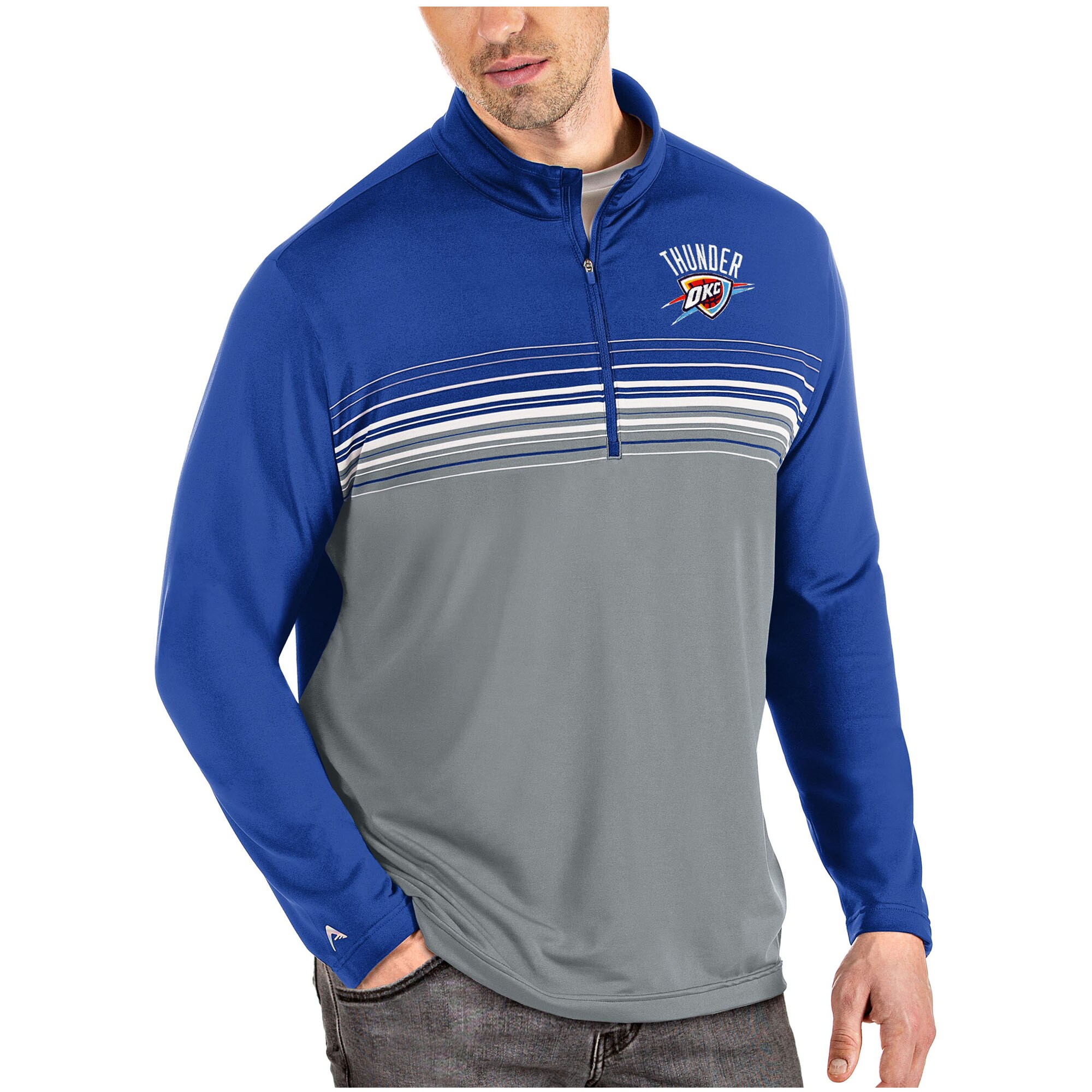 Men's Antigua Blue/Gray Oklahoma City Thunder Pace Quarter-Zip Pullover Jacket