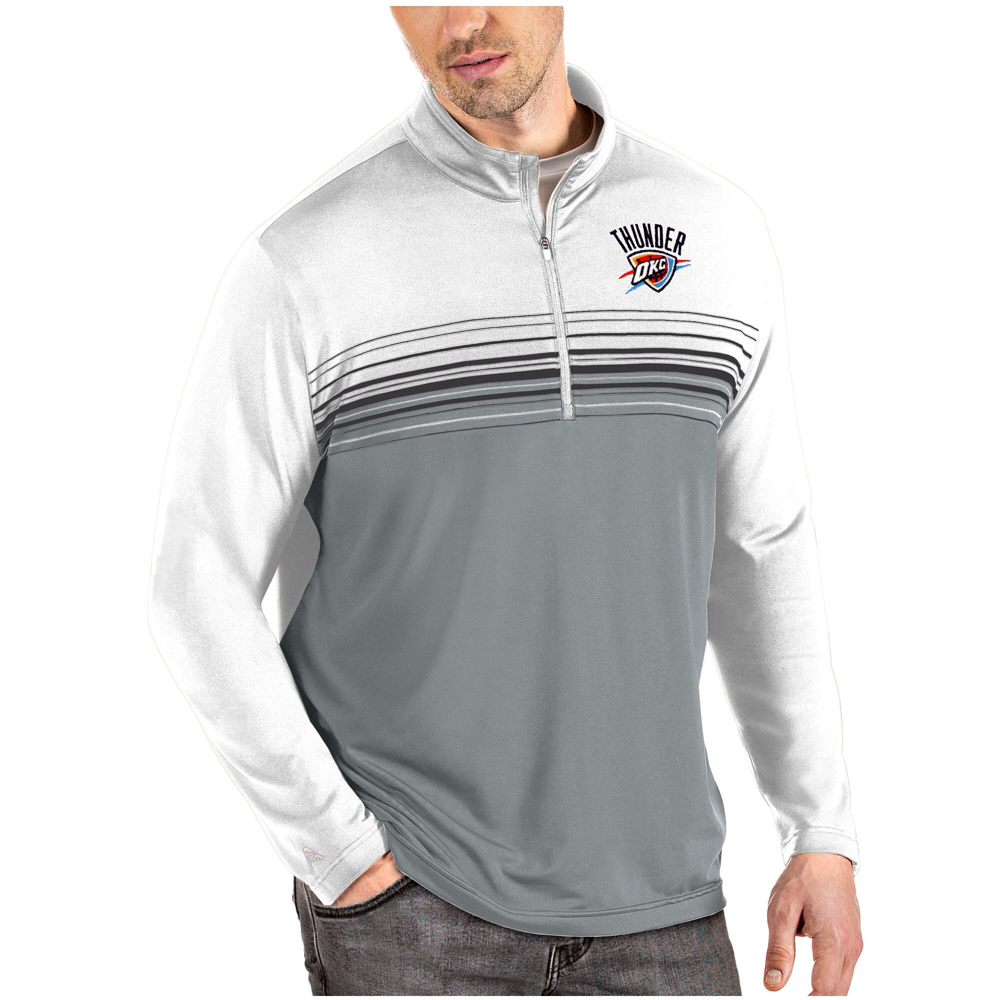 Men's Antigua White/Gray Oklahoma City Thunder Pace Quarter-Zip Pullover Jacket
