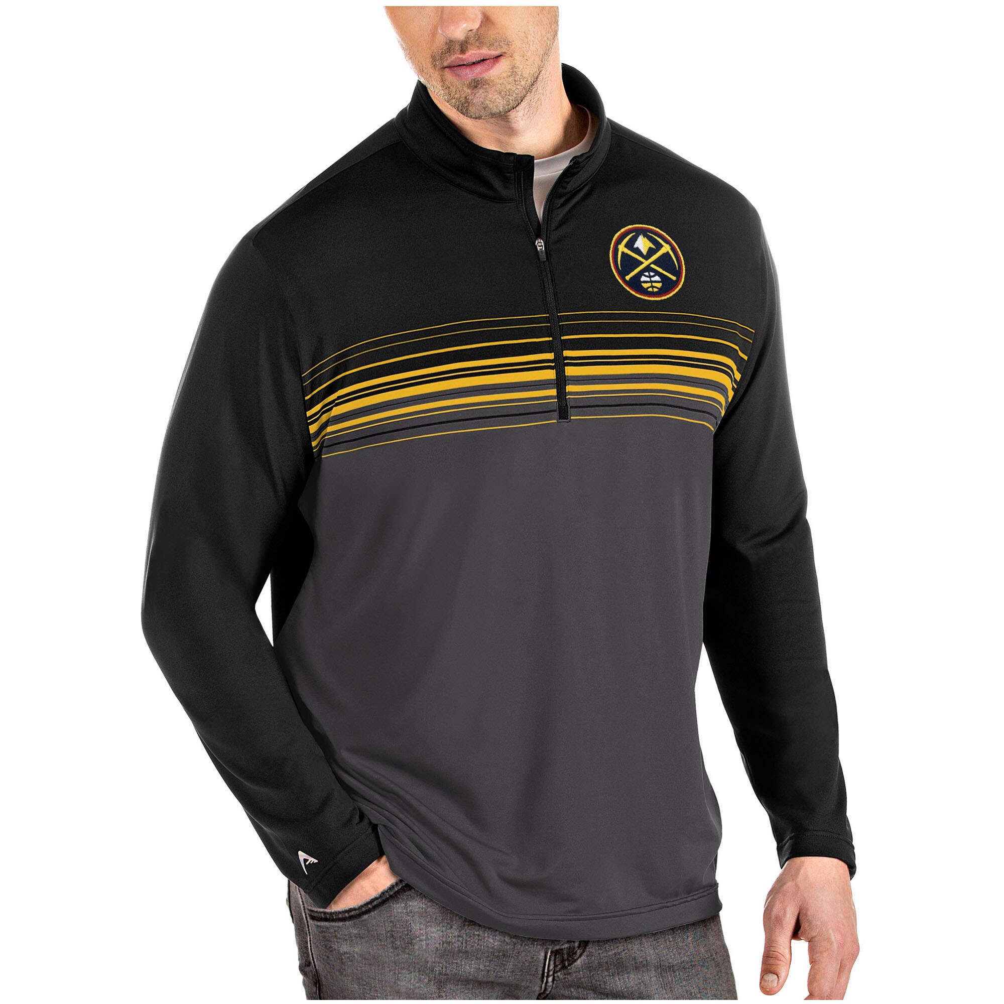 Men's Antigua Black/Gold Denver Nuggets Pace Quarter-Zip Pullover Jacket