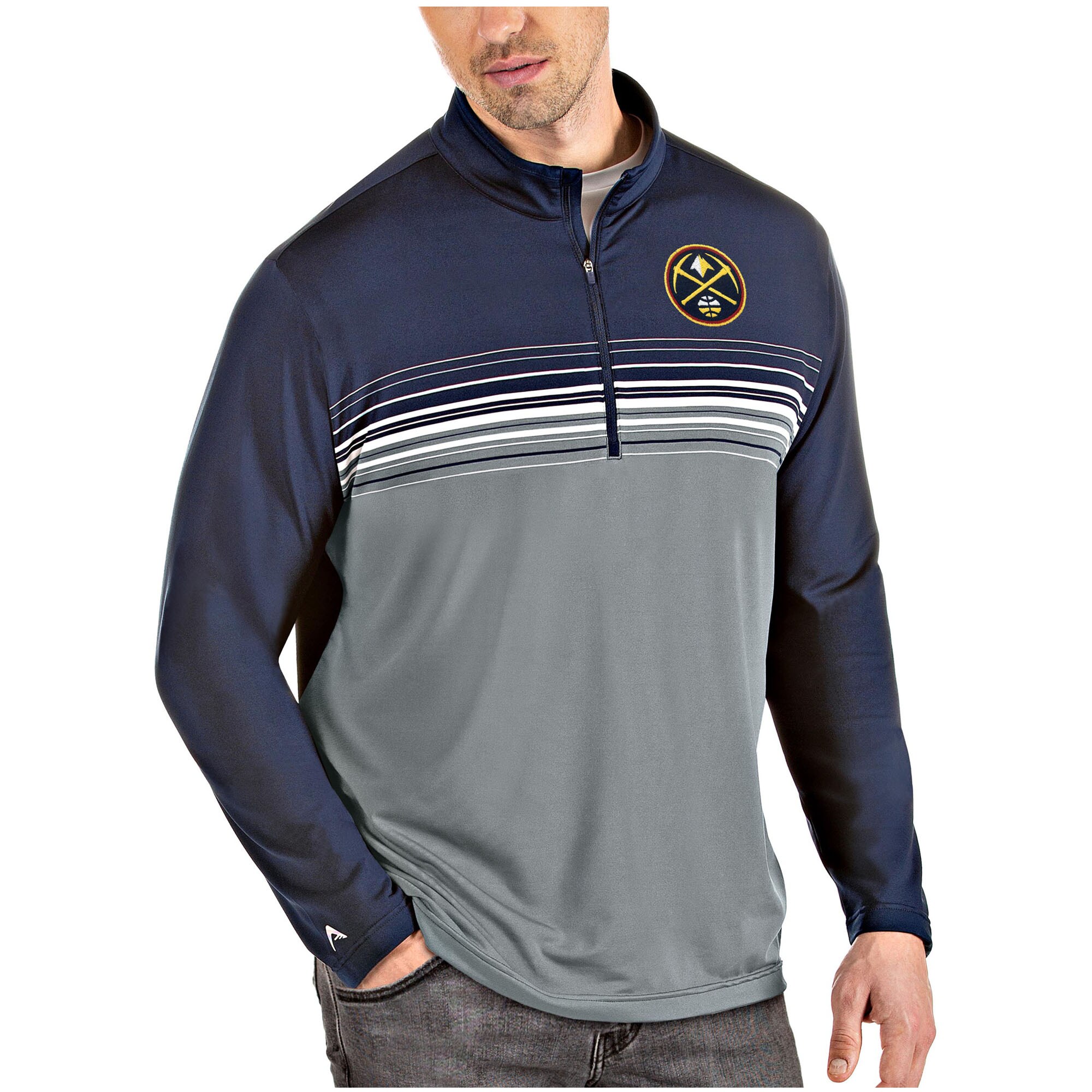 Men's Antigua Navy/Gray Denver Nuggets Pace Quarter-Zip Pullover Jacket