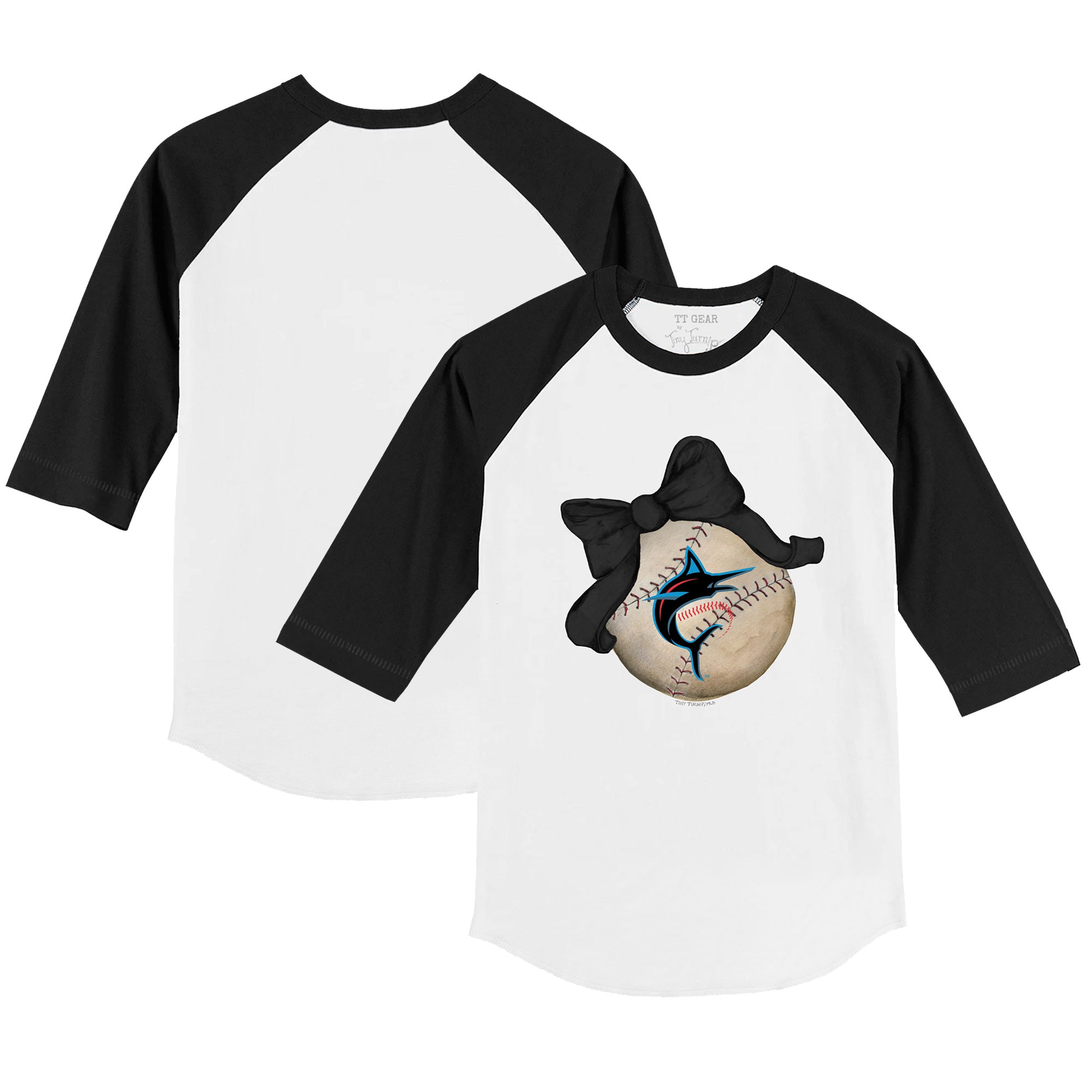 Infant Tiny Turnip White/Black Miami Marlins Baseball Bow Raglan 3/4 Sleeve T-Shirt