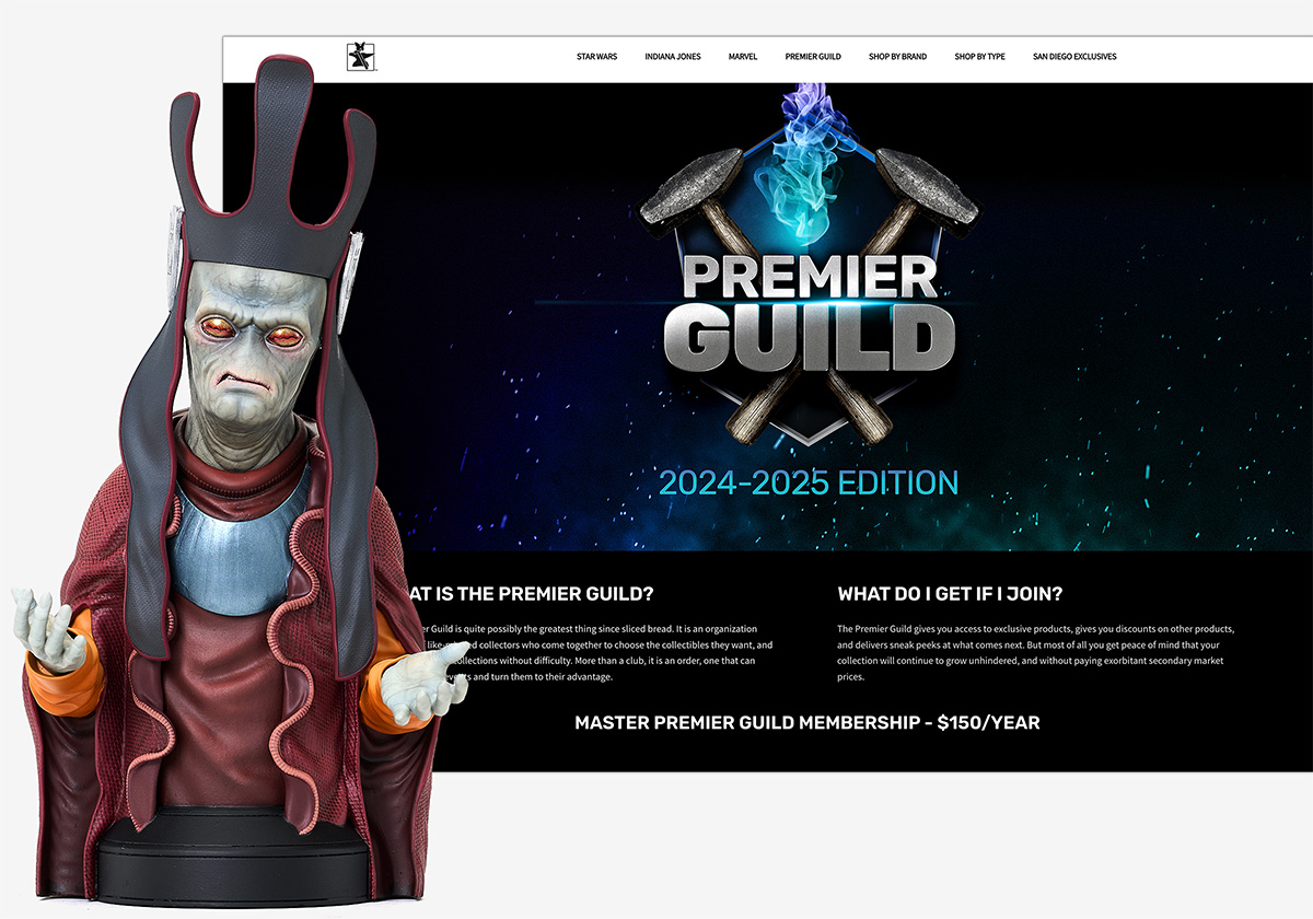Gentle Giant, Ltd. Premier Guild membership page displayed on a laptop beside a collectible bust